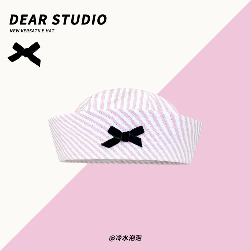 Japanese Cute Bow Striped Jk Sailor Hats Y2k Spring and Summer Outing Photo Sweet Versatile Retro Flap Berets Caps for Women