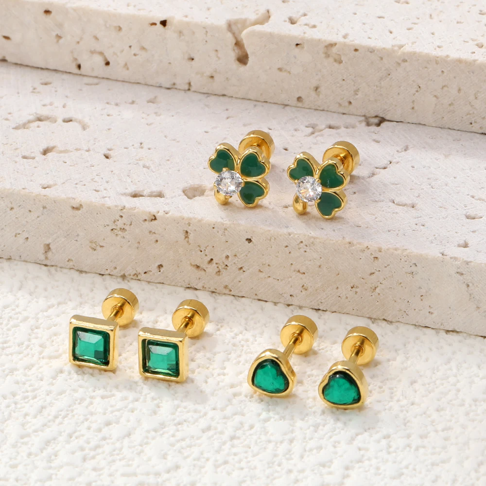3 Pairs Stainless Steel Screw Back Stud Earrings Set, Gold Plated Green Zircon Clover Square Tiny Ear Piercing Jewelry for Women