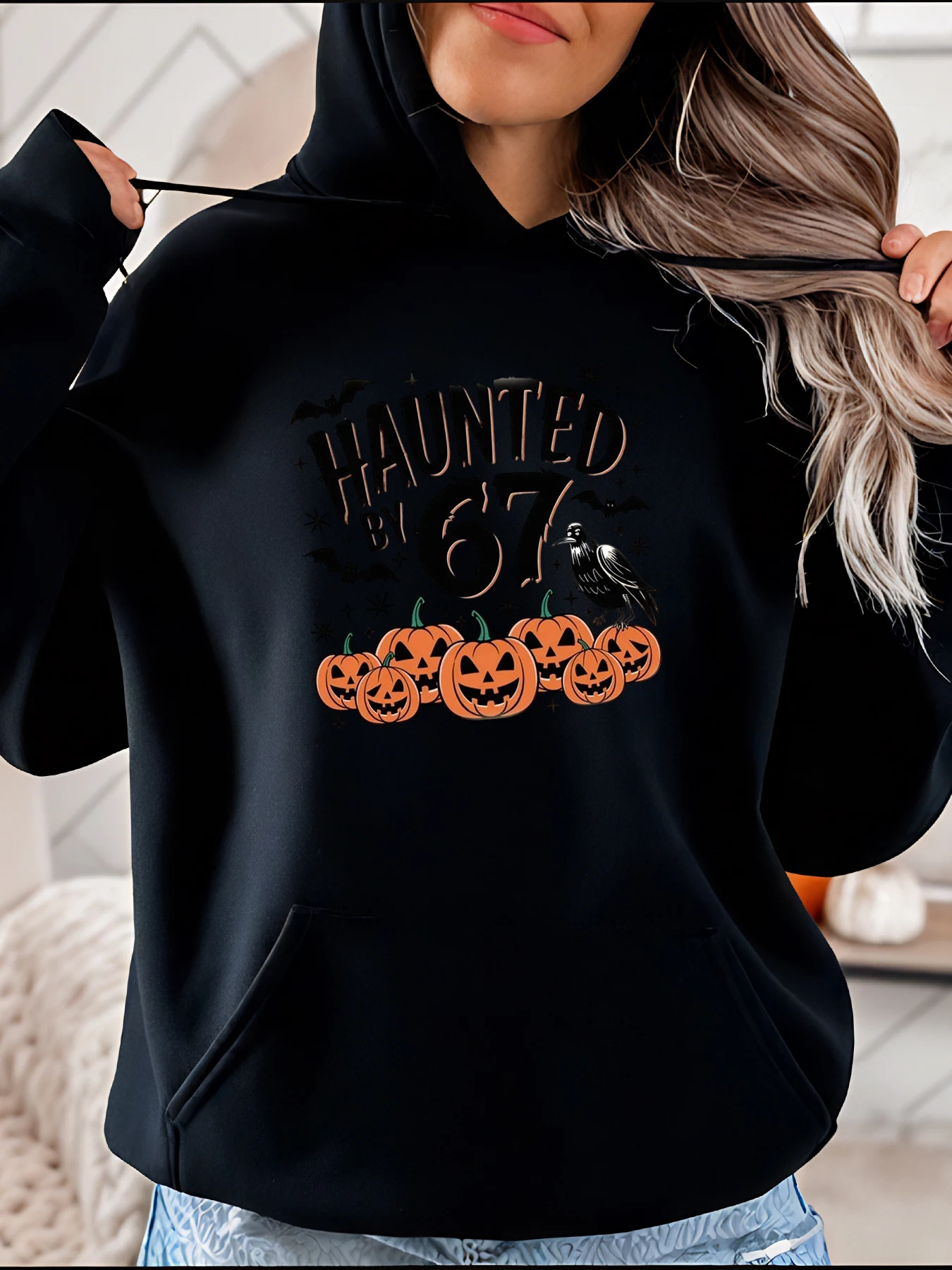 

Halloween Hoodie Haunted 67 Pumpkins Raven Print Women's Casual Sweatshirt Autumn Festival Costume Wear