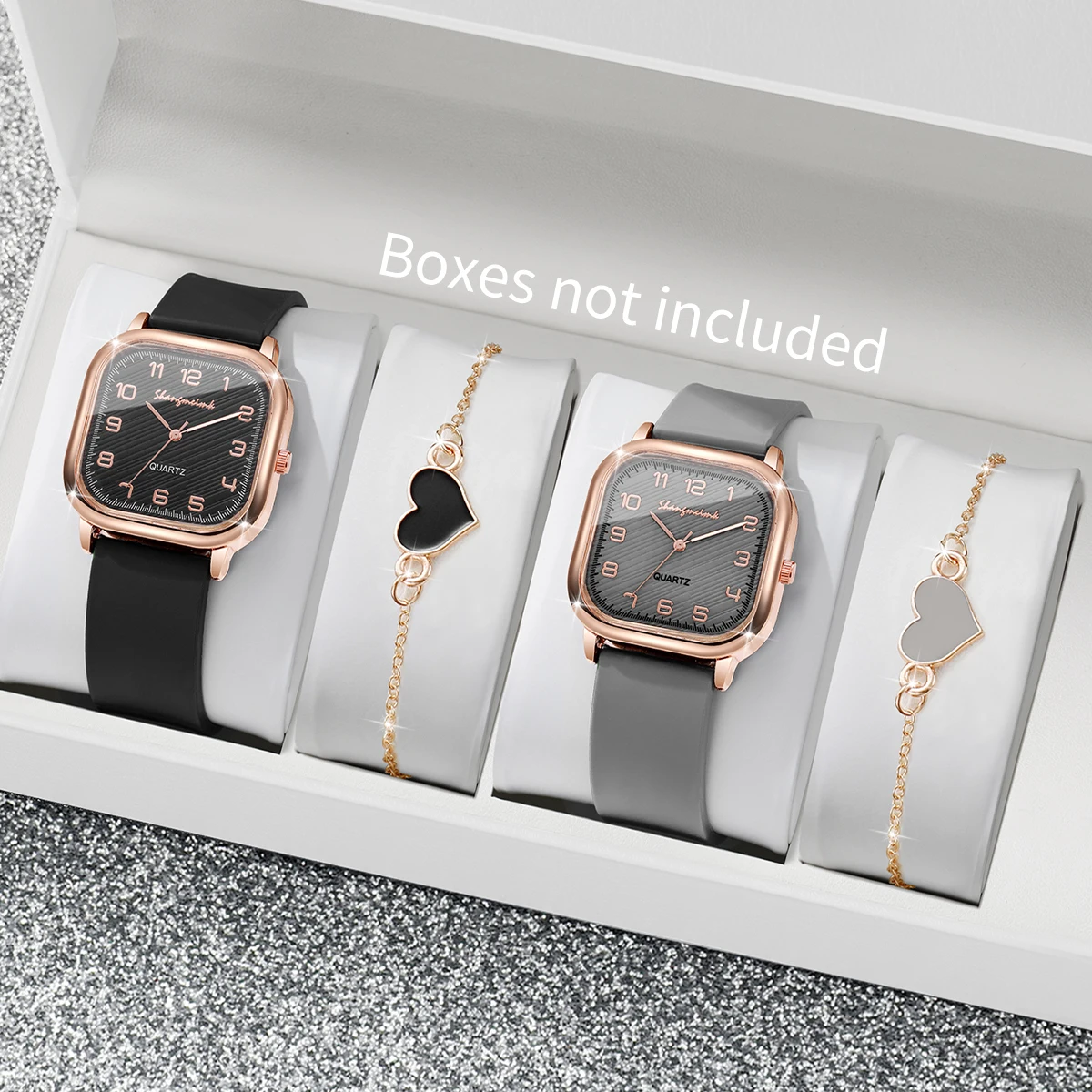 4PCS Fashion Square Women Watches Heart Bracelets Set Casual Silicone Strap Quartz Watch Reloj MujerWithout Box
