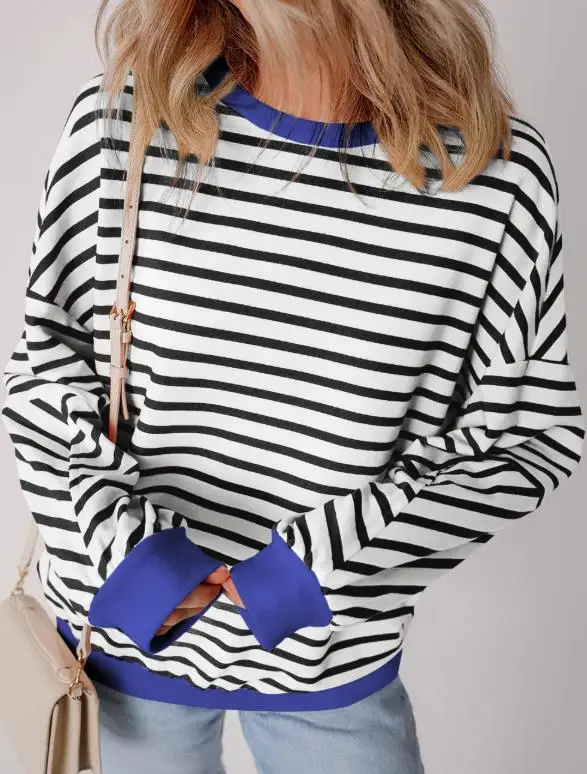 

Women's Top 2026 Autumn New Hoodie Stripe Contrast Round Neck Sweatshirt Fashion Long Sleeve Shirt Multi Functional Warm Top