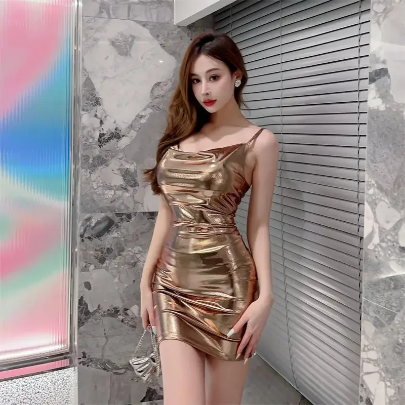

Korean Fashion Club Sexy Dress For Women Y2k Glossy Spaghetti Strap Mini Dress Summer New Wrap The Buttocks Bodycon Dresses