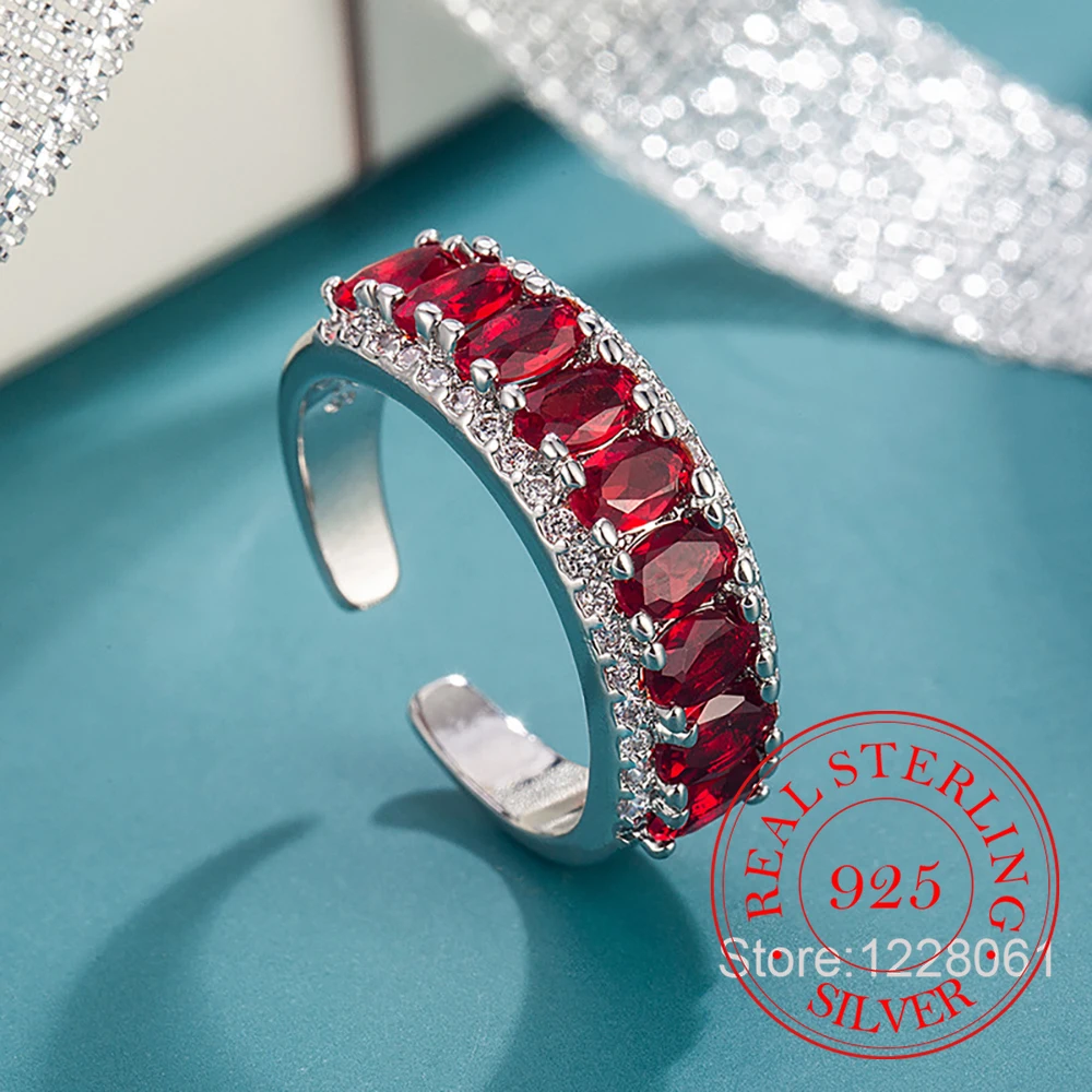 

925 Sterling Silver Jewelry Crystal Red Zircon Rows Drill Open Finger Rings for Women Wedding Party Jewelry For Girl Friend Gift
