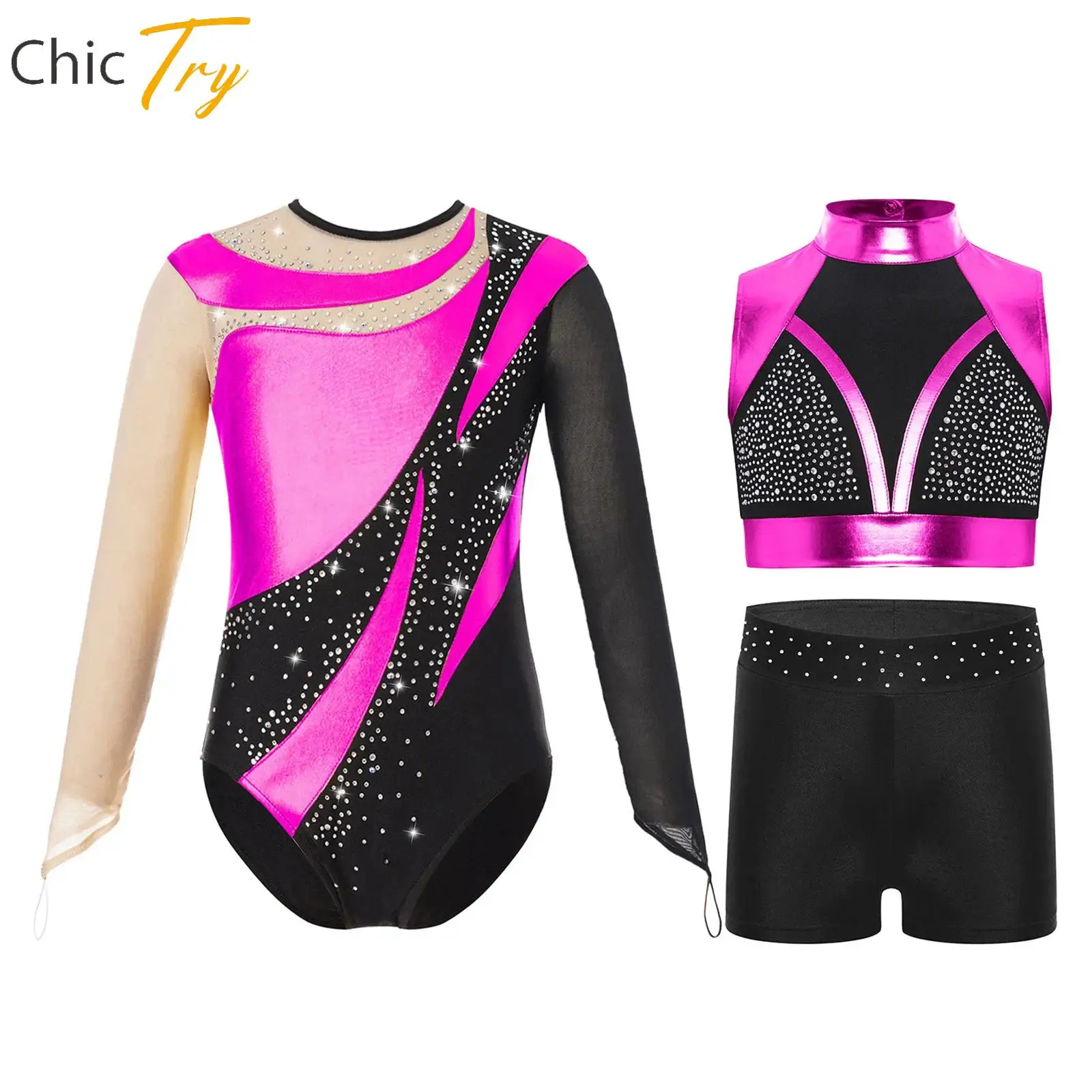 

Kids Girl Ballet Gymnastics Outfit Athletic Figure Skating Dance Costume Sleeveless Rhinestones Metallic Crop Top+Shorts+Leotard
