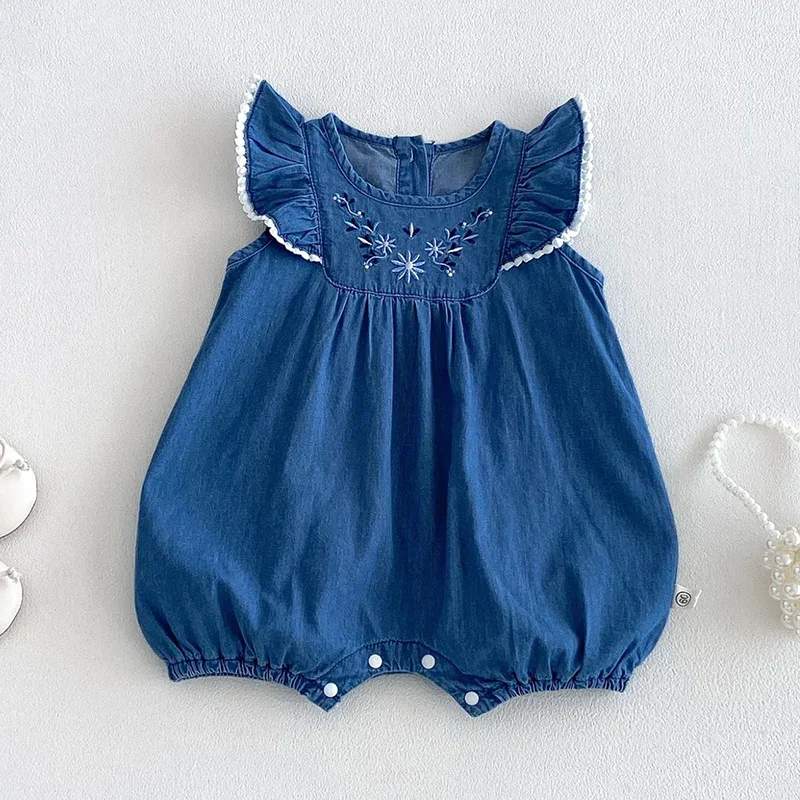 2026 New Summer Toddler Baby Girls Jumpsuit Flying Sleeve Denim Embroidery Newborn Baby Girl Romper 0-24M Baby Girl Clothing