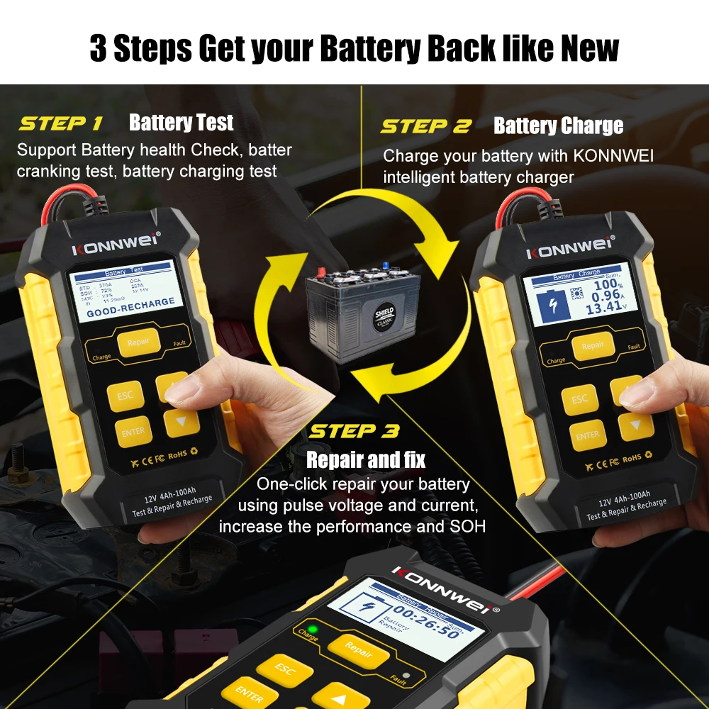 Pulse Repair Chargers KONNWEI KW510 12V 5A Full Automatic Car Battery Testerfor Lead Acid Car Battery Repair Tool Agm Gel