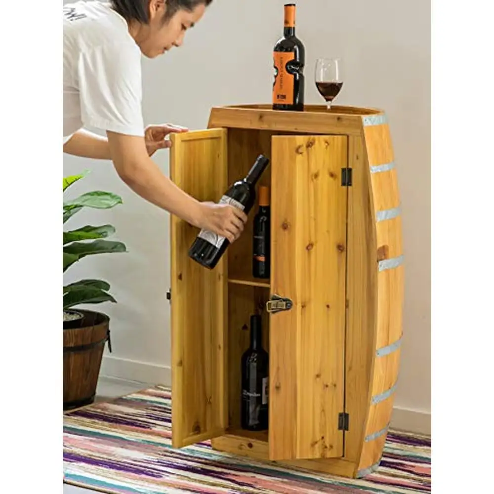 Wood Wine Storage Cabinet Lockable Double Doors Industrial Style Shelves Metal Hardware