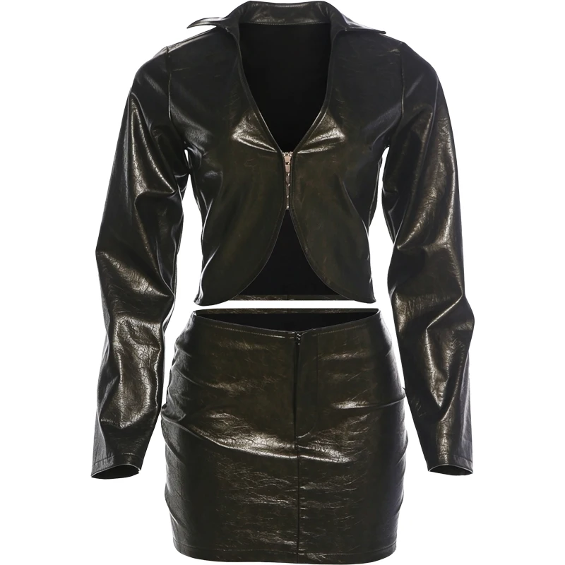 Weird Push Hottie Leder 2-teiliges Set Damenmode Einreihige Jacke mit tiefem Ausschnitt und langen Ärmeln + Mini-Pfirsich-Hüftrock Streetwear – Detail 2