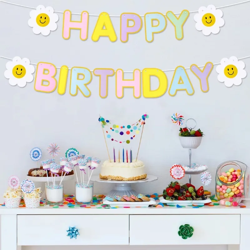 1 Stück Gänseblümchen Happy Birthday Party Dekorationsbanner Kinder Erwachsene Szenerie Bunte Flaggen Party Foto-Requisiten – Detail 3