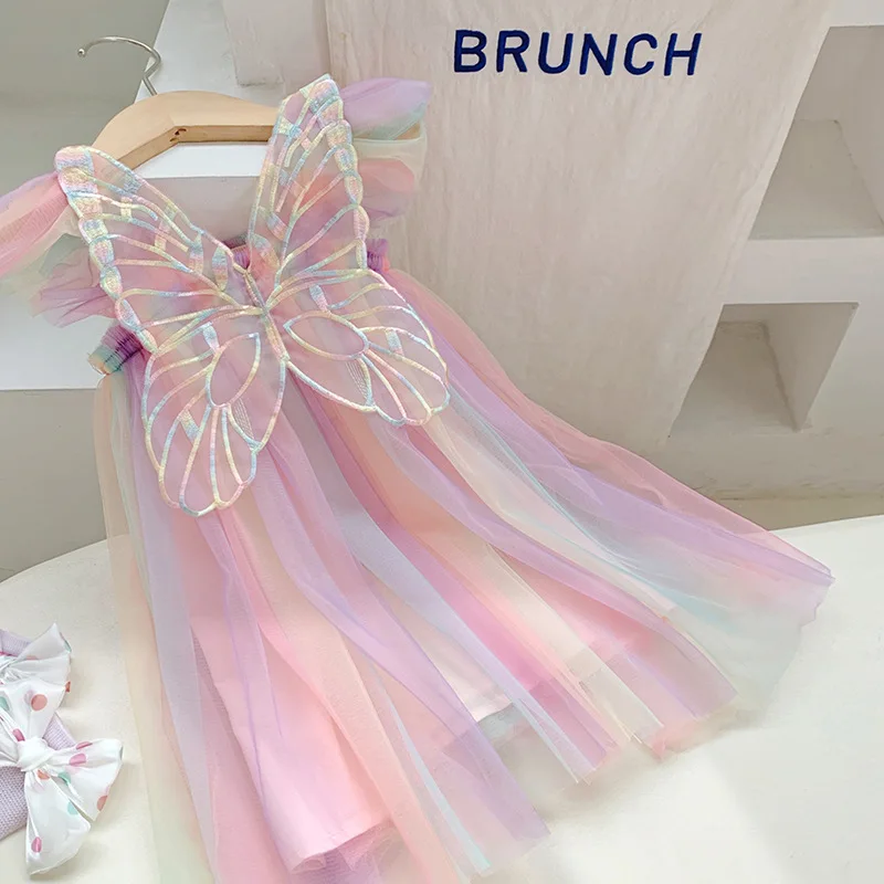 Summer New Dress for Girls Butterfly Wings Tutu Dress Gradient Rainbow Mesh Kids Birthday Party Children Clothing Princess Dress