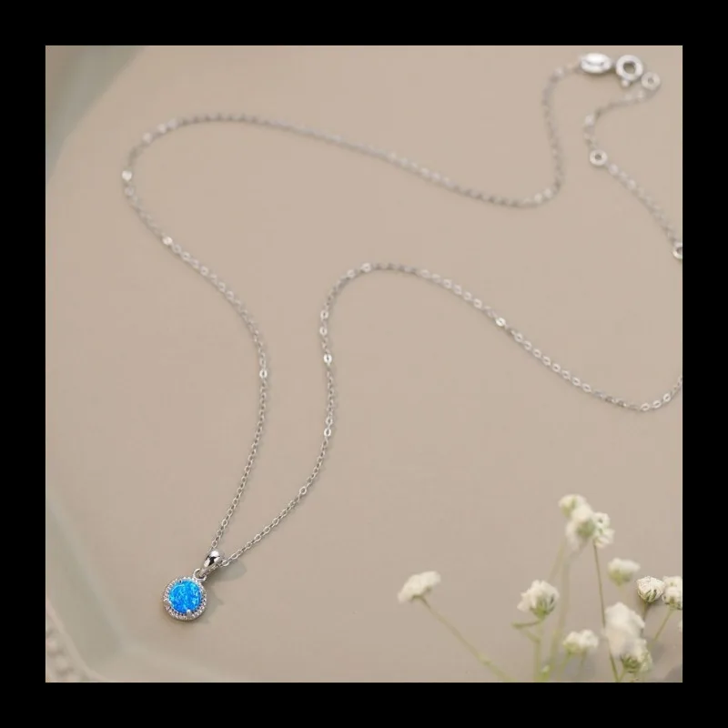 قلادة بتصميم بسيط وشعبي S925 من الفضة المستديرة الكلاسيكية الإبداعية على شكل أوبال أزرق قلادة نسائية #3