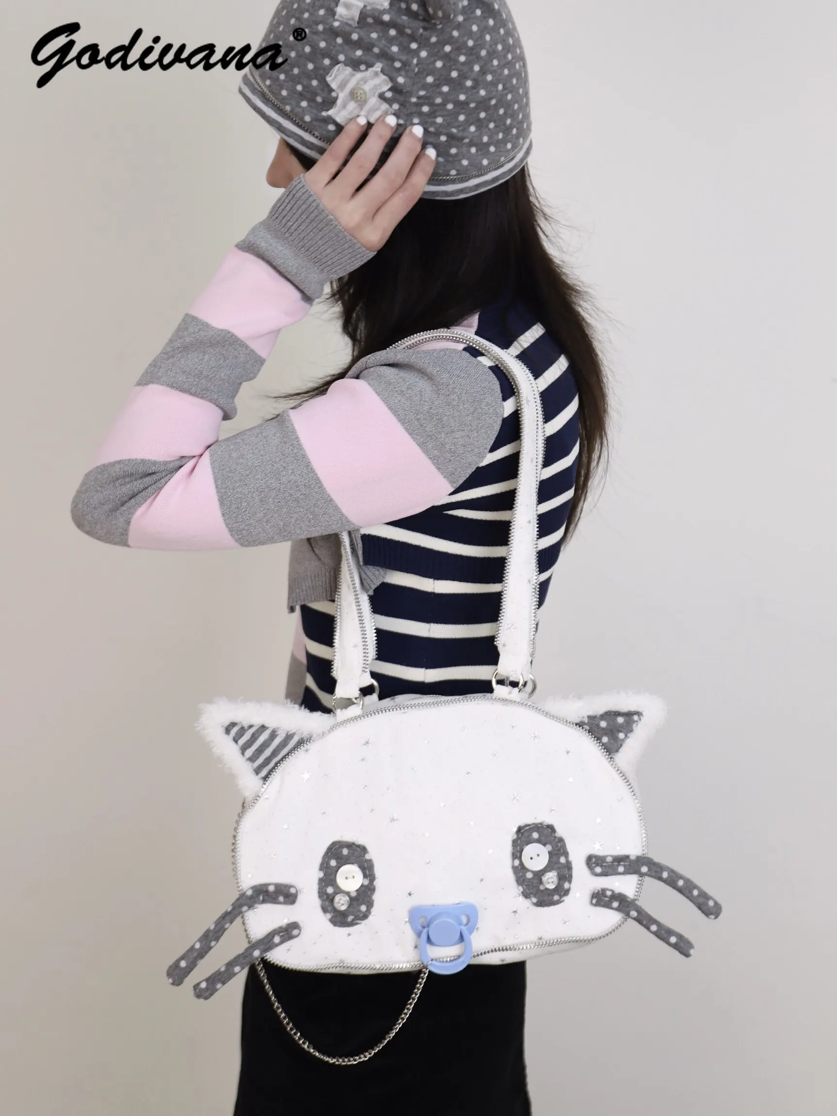 Cute Shoulder Bags Sweet Cool Y2K Star Zipper Decorated Portable Crossbody Handbags Women's Totes