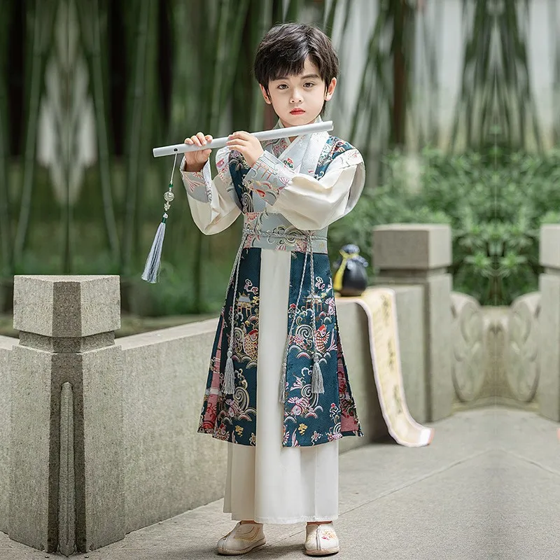 Traje Tang de caballero tradicional chino para niños, traje de escenario Hanfu mejorado, moda para niños, traje guapo de alta calidad