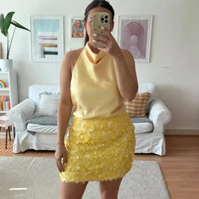 

Сексуальный топ-халтер без рукавов с открытой спиной из атласа, женская облегающая майка с высокой талией в стиле Y2K, уличная одежда, женская майка-камисоль