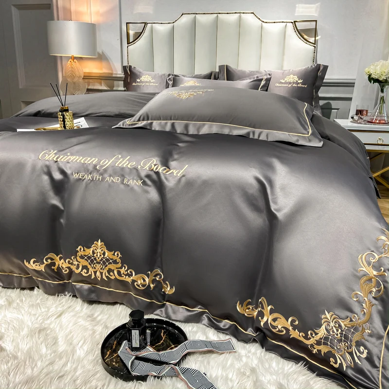 European Gold Embroidery Satin Bedding Sets Luxury Dark Gray Duvet/Quilt Cover Bedspread Sheet Pillowcases Home Textile