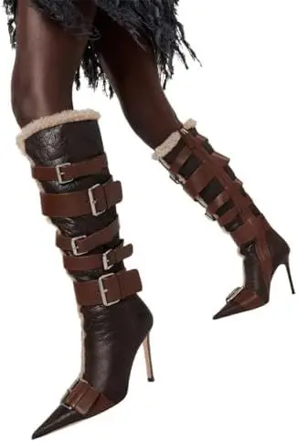 

Женские зимние сапоги до колена с меховым ремнем и пряжкой в стиле пэчворк, обувь большого размера на высоком каблуке-шпильке с боковой молнией