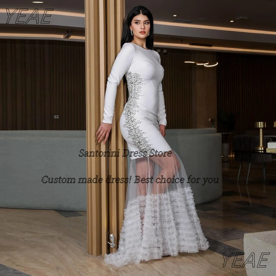 Santorini Crew Neck Prom Dresses Handmade Beaded Pageant Party Birthday Dress See Through Tulle Long Elegant Evening Gowns