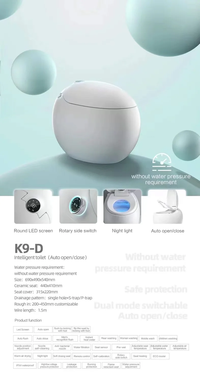 Newly designed egg shaped intelligent bathroom fixtures, water toilets, floor standing automatic ceramic intelligent toilets