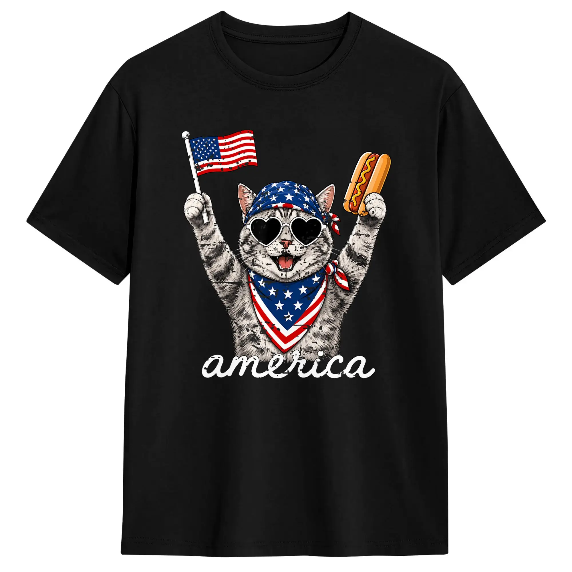 America Cat Hot Dog Lovers Patriotic USA Flag T-Shirt Trendy Cool T Shirts Short Sleeve Vintage Tops Summer Pure Cotton Clothing