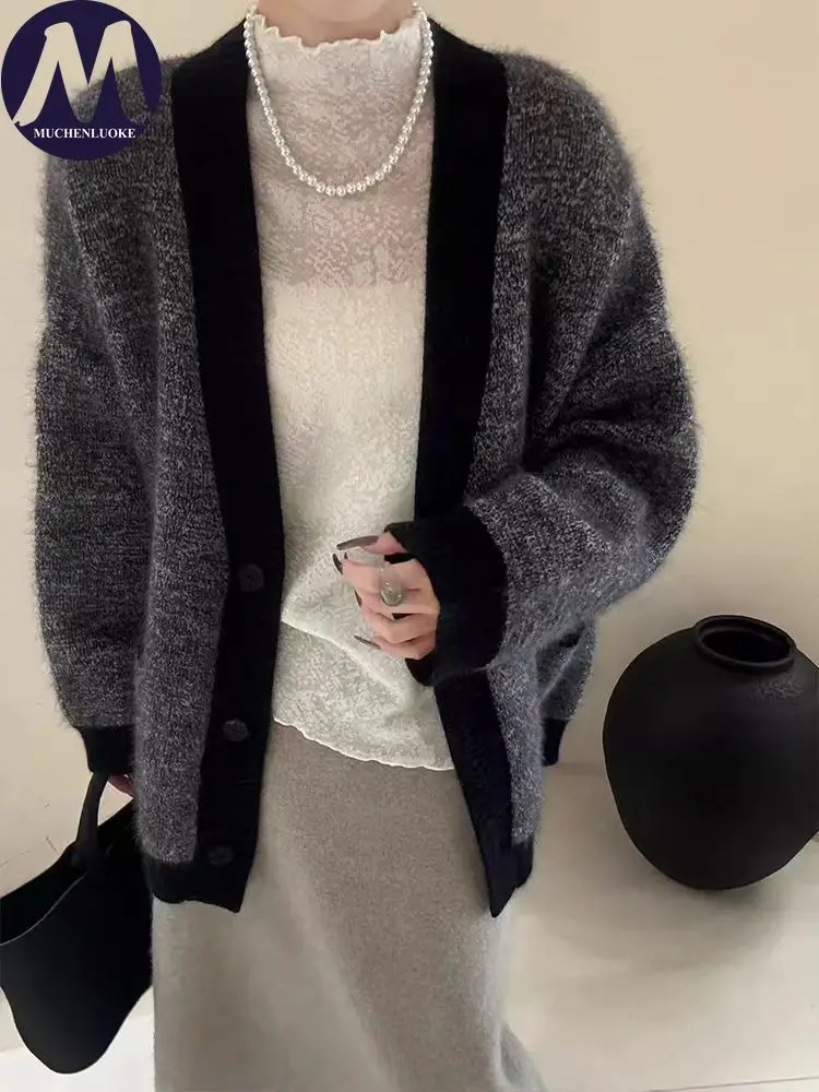 

Elegant Patchwork Women's Sweater Autumn Winter Korean Fashion Casual Loose Warmth Cardigan with Colors Knitte Coats