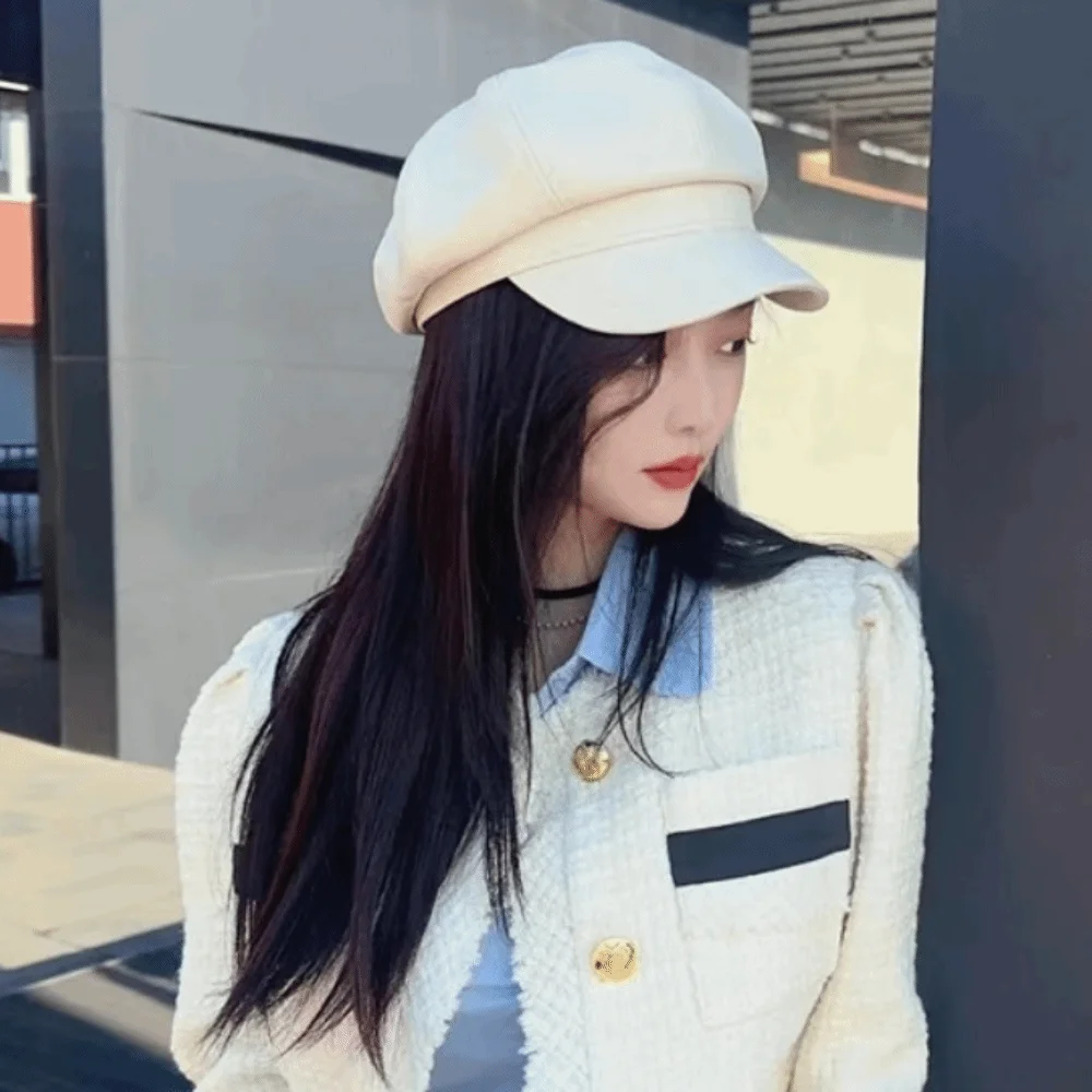 

JK Solid Color Vintage PU Beret Cap Keep Warm Retro Korean Leather Painter Hat Versatile British Unisex Plain Hat for Woman