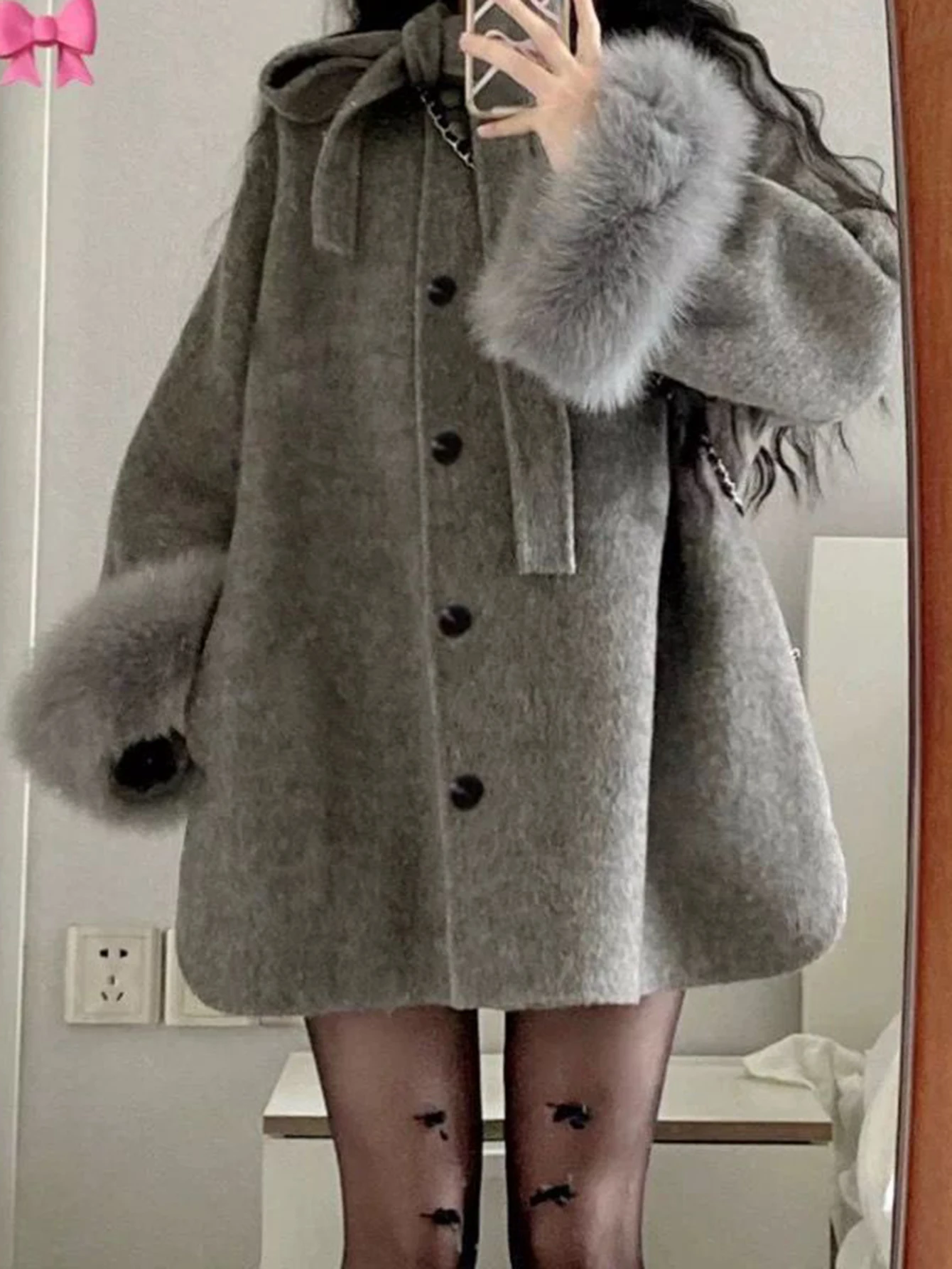 معطف صوفي رمادي على طراز Hebe للنساء لخريف وشتاء جديد متوسط الطول مع عقدة على شكل فيونكة ملابس خارجية صغيرة الحجم ودية #5