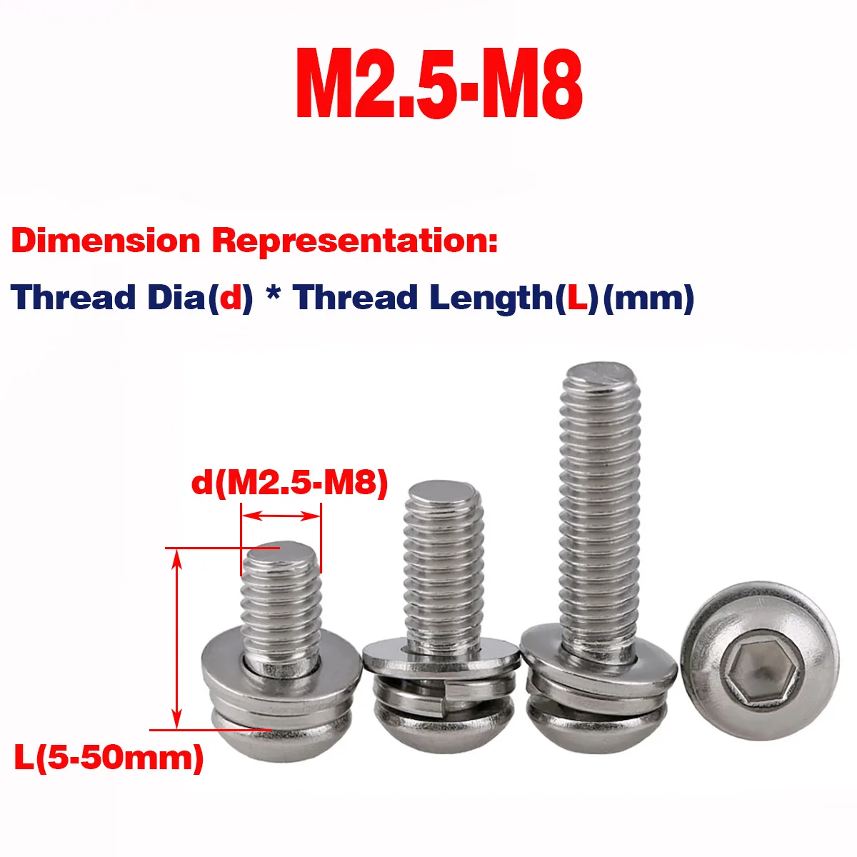 

Винт M2.5M3M4M5M6M8 304 SS с круглой головкой и шестигранным отверстием с плоской шайбой и пружинной шайбой
