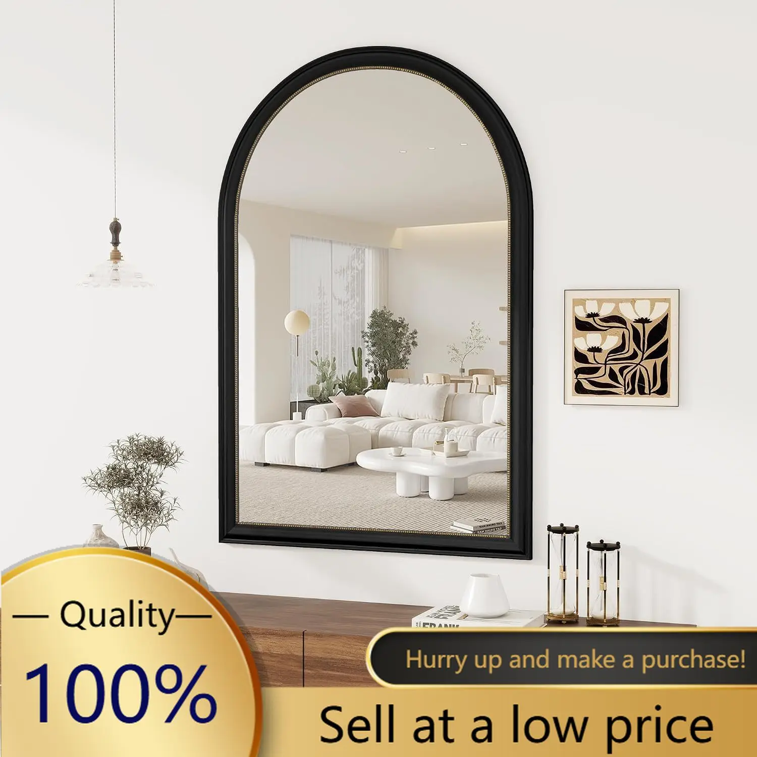 32x48 Arched Wall Mirror, Decorative Bathroom Mirror, Traditional Vintage Wall Mounted Mirror with Beaded Frame for Accent Livin