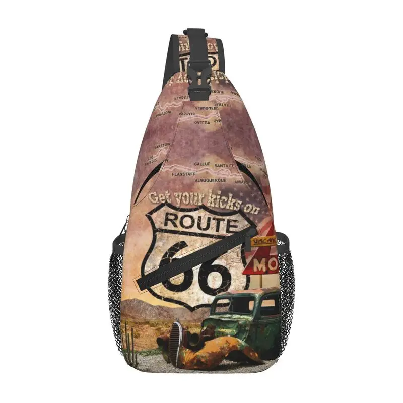 

Сумка-слинг Get Your Kicks On Route 66, мужская мода, дорожный знак США, рюкзак через плечо, нагрудный рюкзак для путешествий, пешего туризма, рюкзак