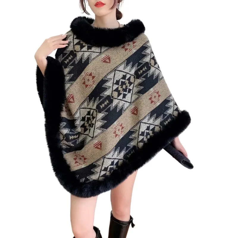 Women Fur goth Outstreet Wear Winter Thicken Velvet Poncho Cape Striped long Cloak Loose Tassel Coat With ponchos cape dress