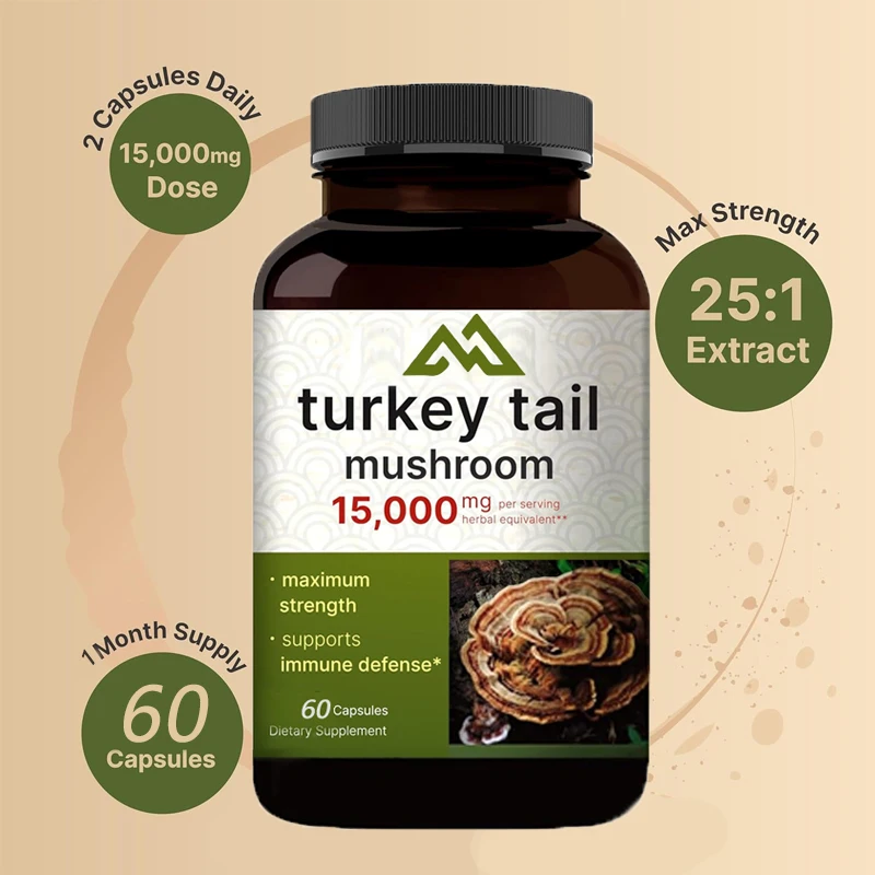 

Turkey Tail Mushroom 60 Capsules | 25:1 Fruit Body and Mycelial Extract - Immune and Brain Health Mushroom Supplement