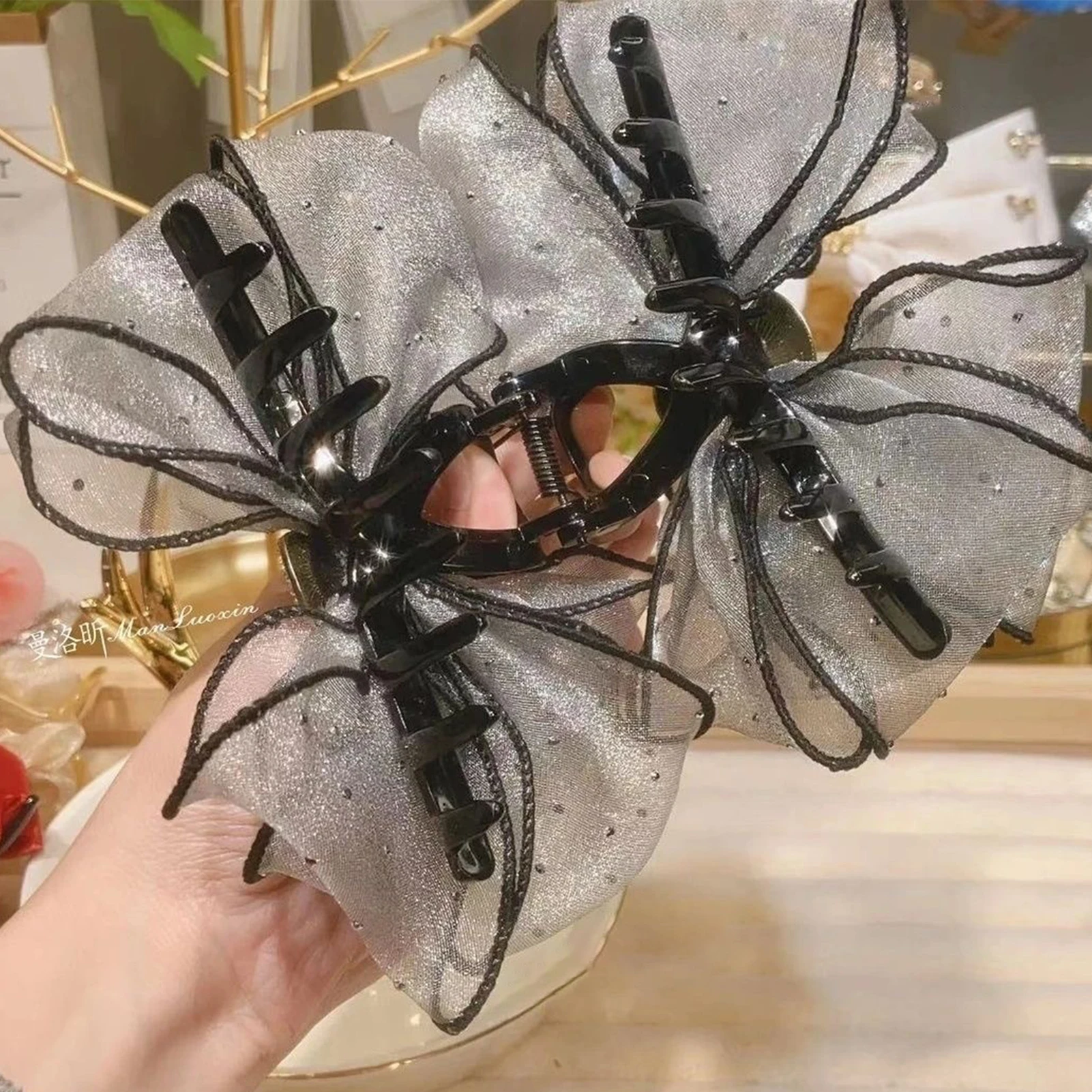 Trendige Strass-Haarklammer Elegante Schleifenknoten-Gaze-Haarspange Koreanischer Stil Schleifen-Haarklammer Exquisites Haar-Deko-Accessoire – Detail 7
