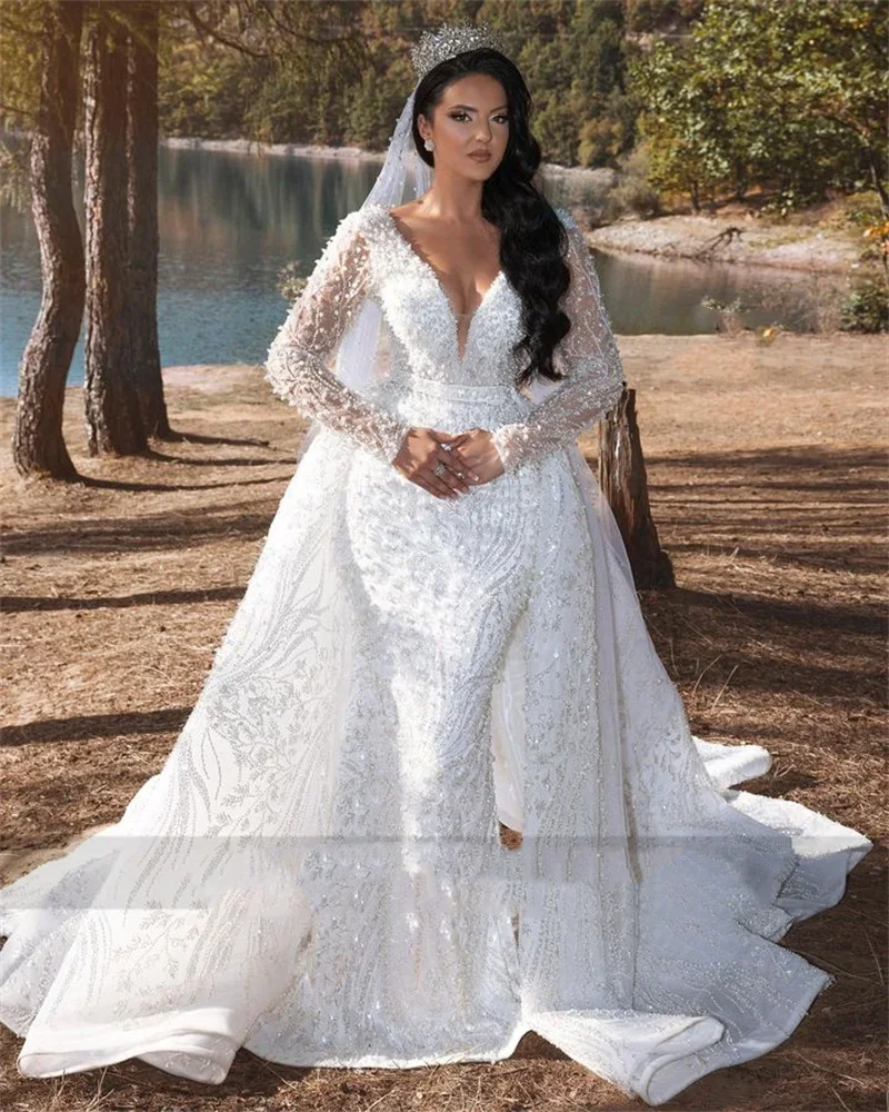 

Flavinke Customized Mermaid Wedding Dresses Detachable Train Veil Bridal Gowns Long Sleeve Robe Pearls Beads Crystals Vestidos