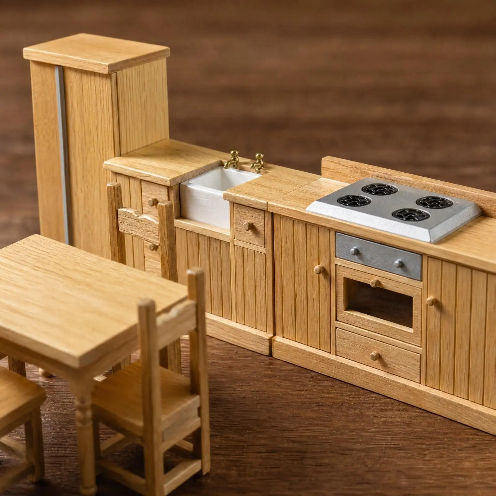 Dollhouse Kitchen Miniature Furniture Set Wooden Sink Stovetop Fridge Table Chair 1 12 Scale Playset for Creative Storytelling