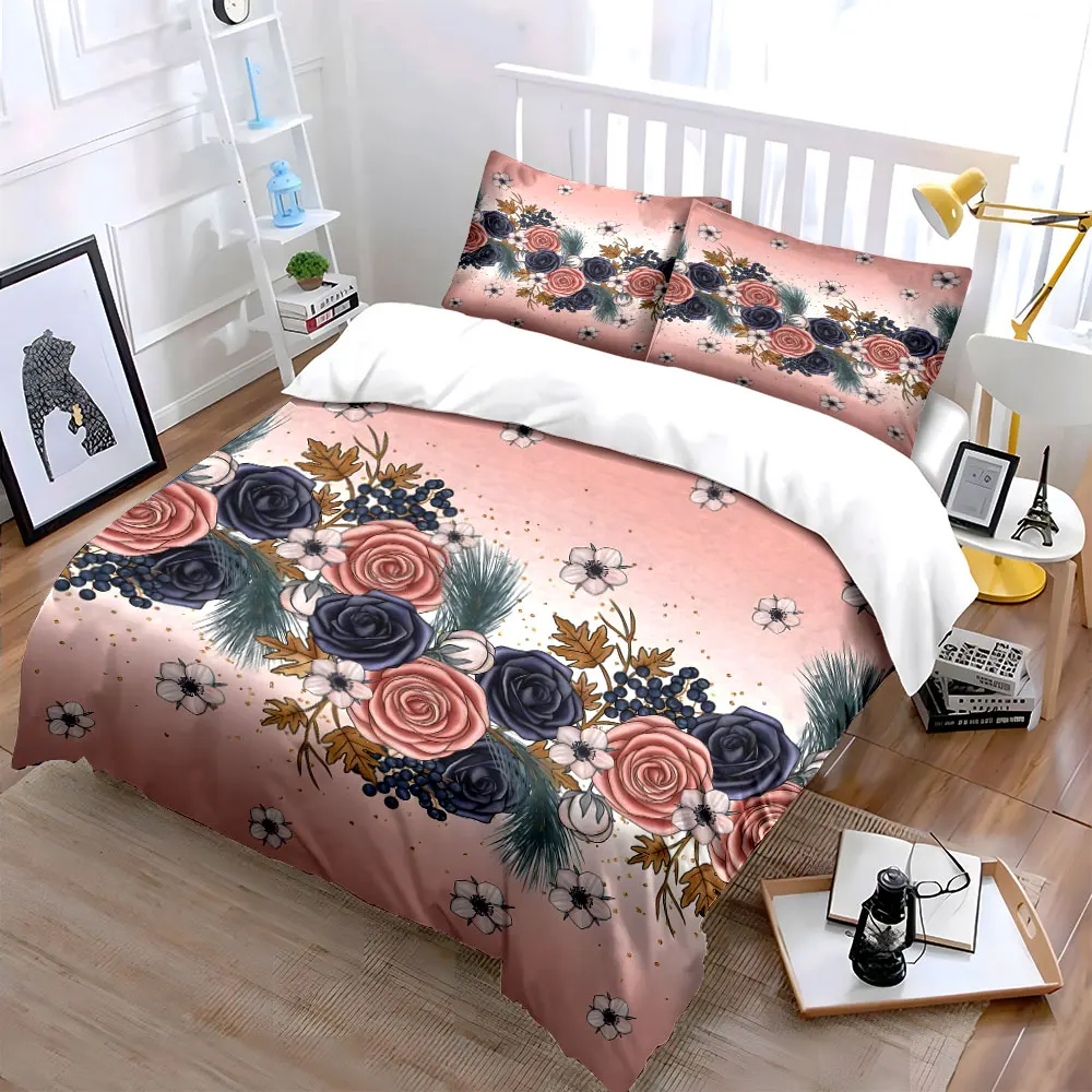 Exquisite floral illustration Bedding Set for Kids Luxury Gift 3pcs Digital Print Comforter Set Soft Comfortable Breathable