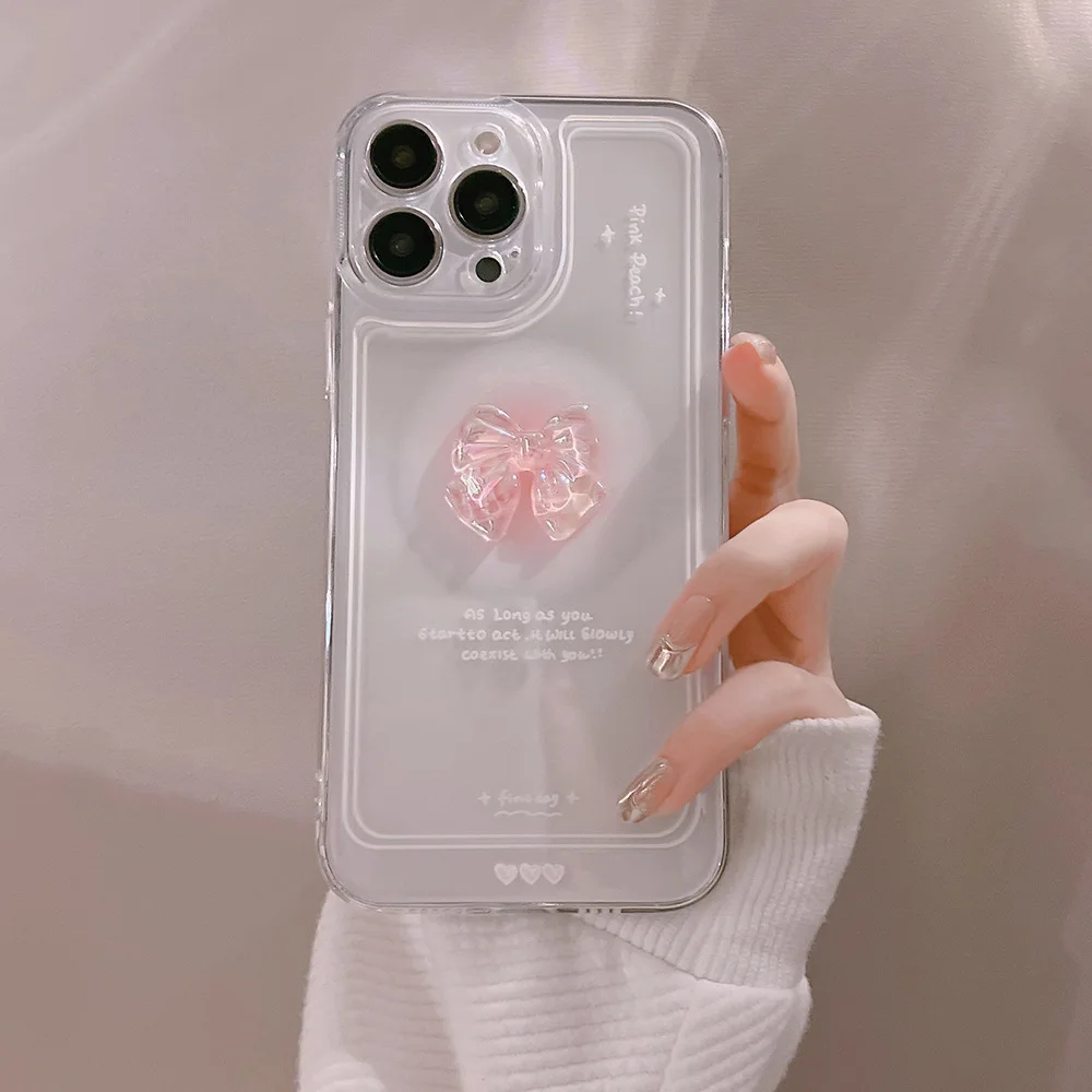 Coque de téléphone transparente avec nœud papillon en cristal 3D, étui de protection antichoc pour iPhone 16e 15 14 13 12 Mini 11 Pro Max X XR XS 7 8 Plus