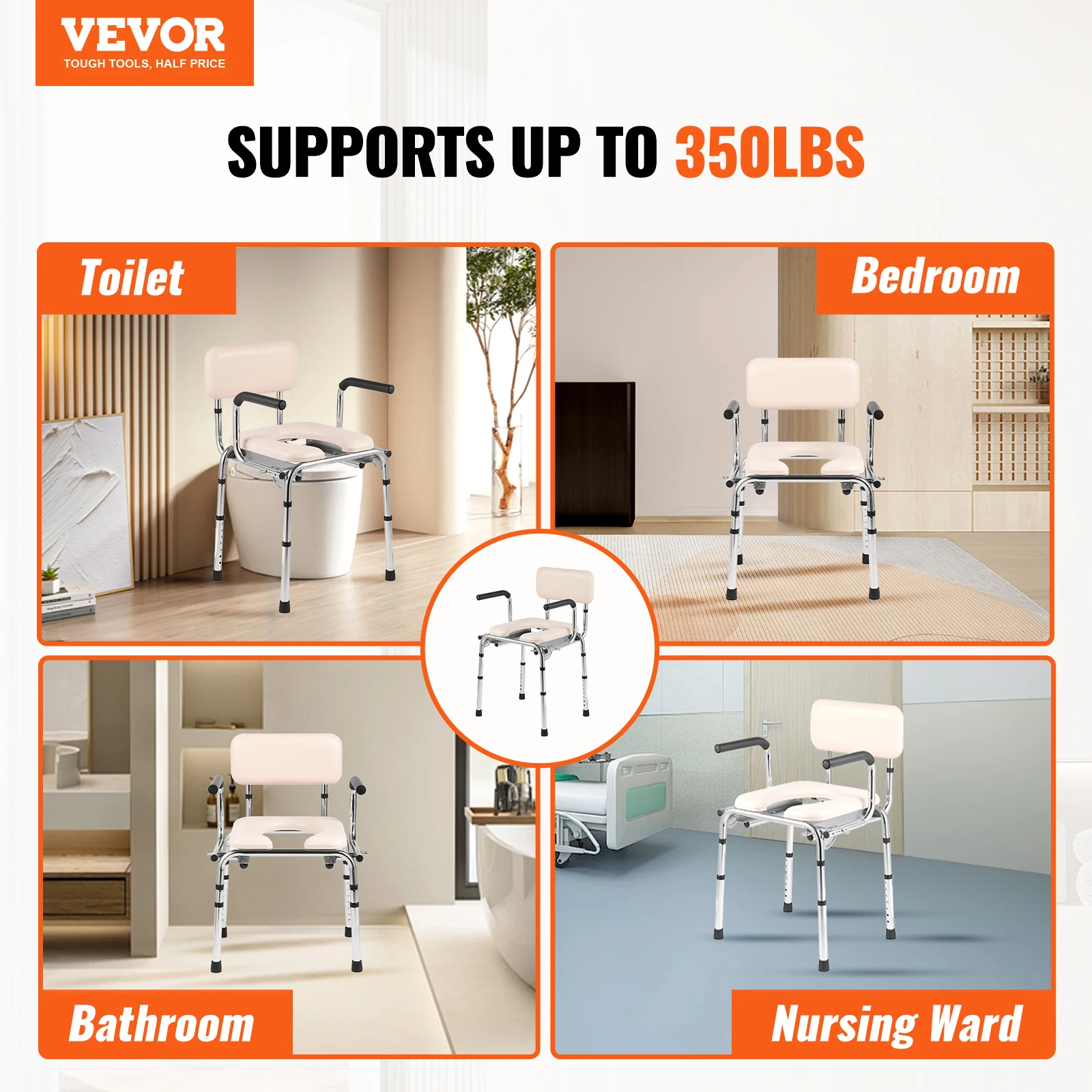 VEVOR Commode Chair, Bedside Commode with Padded Seat Adjustable Height 5.8L Removable Bucket Portable Toilet for Adults Seniors