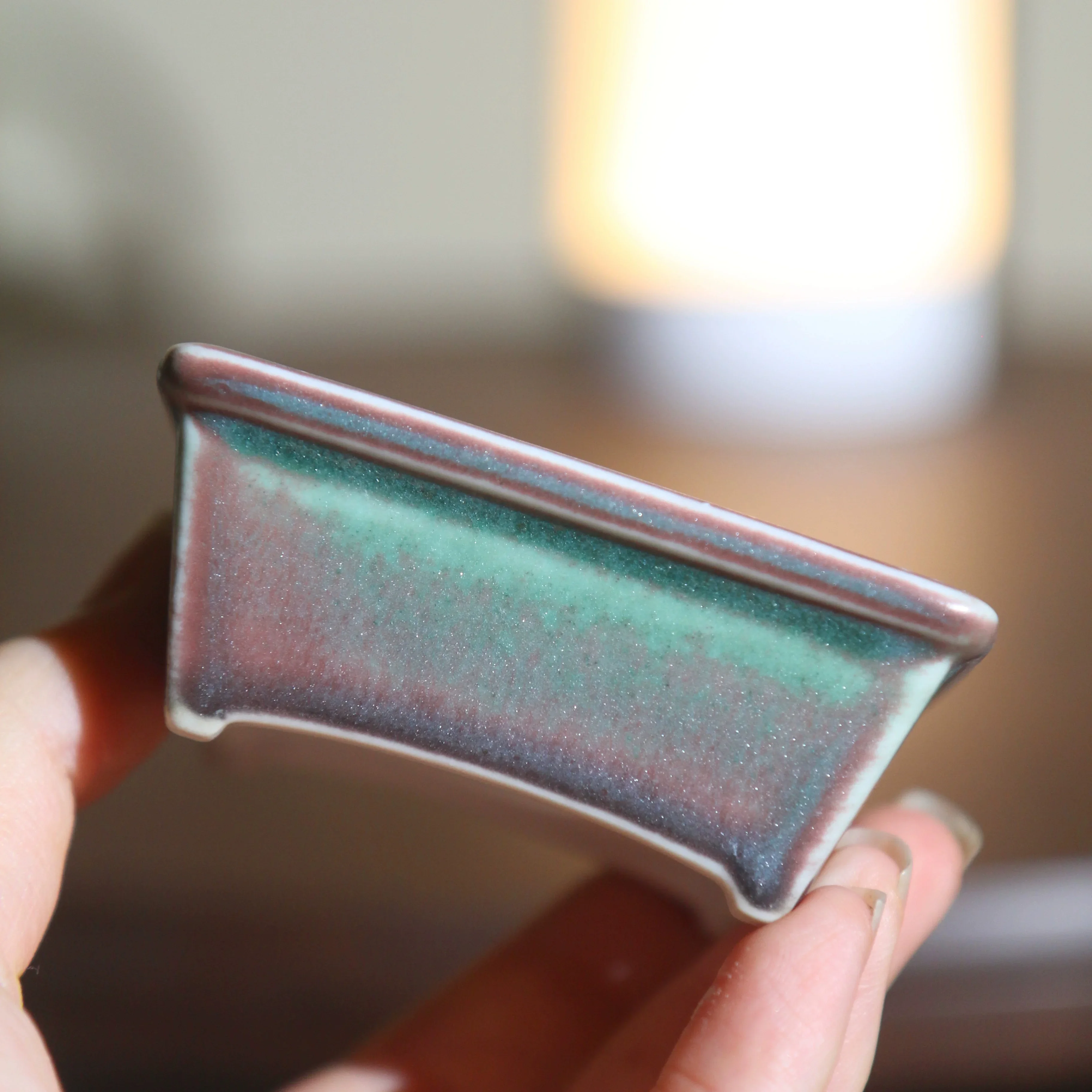 Porcelain Glazed Mini Rectangle Bonsai Pot,High-temperature Kiln Transmission, Traditional China,Dormitory Decoration