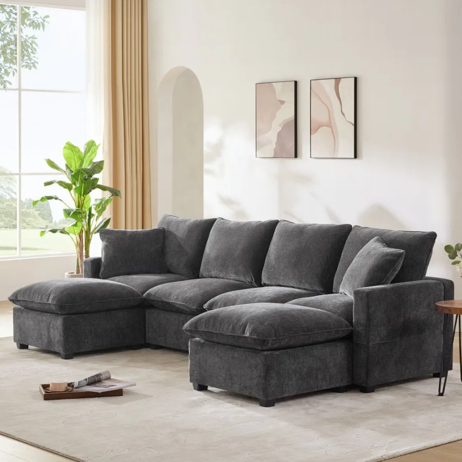 

[VIDEO provided] [New] 11057 Modern U Shape Modular Sofa 6 Seat Chenille Sectional Couch Set with 2 Pillows Included Freely Com