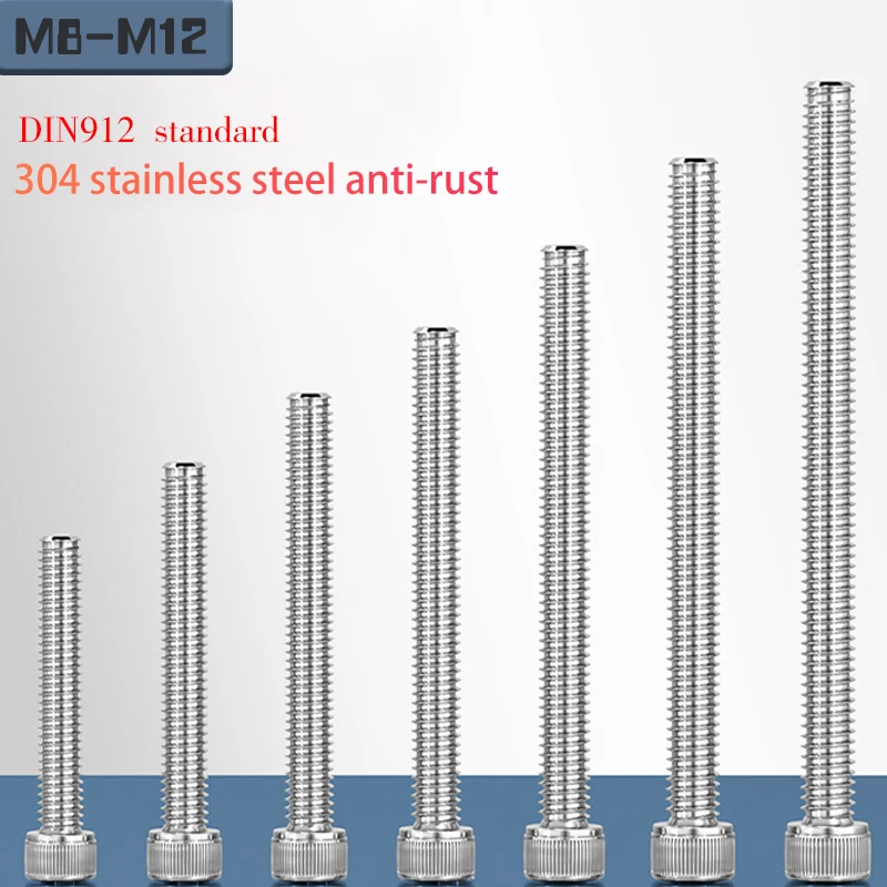 DIN912 Ultra Long 304 Stainless Steel Inner Hex Cylinder Bolts, Rustproof Socket Head Screws For Thick Workpiece Mounting M8 M12
