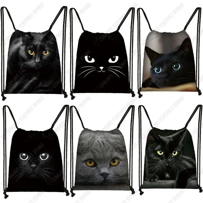 Cute  Black Cat Drawstring Bag Women Shopping Bags Canvas Travel Bag Fashion Storage Bags Teenager Girls Backpack