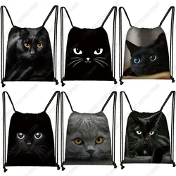 Cute  Black Cat Drawstring Bag Women Shopping Bags Canvas Travel Bag Fashion Storage Bags Teenager Girls Backpack