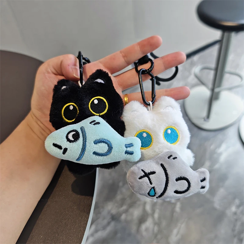 【السلام】صار لطيف أسود أبيض القط أفخم دمية قلادة المفاتيح عروسة كارتون لعبة قلادة كيرينغ حقيبة حلية هدية للأطفال