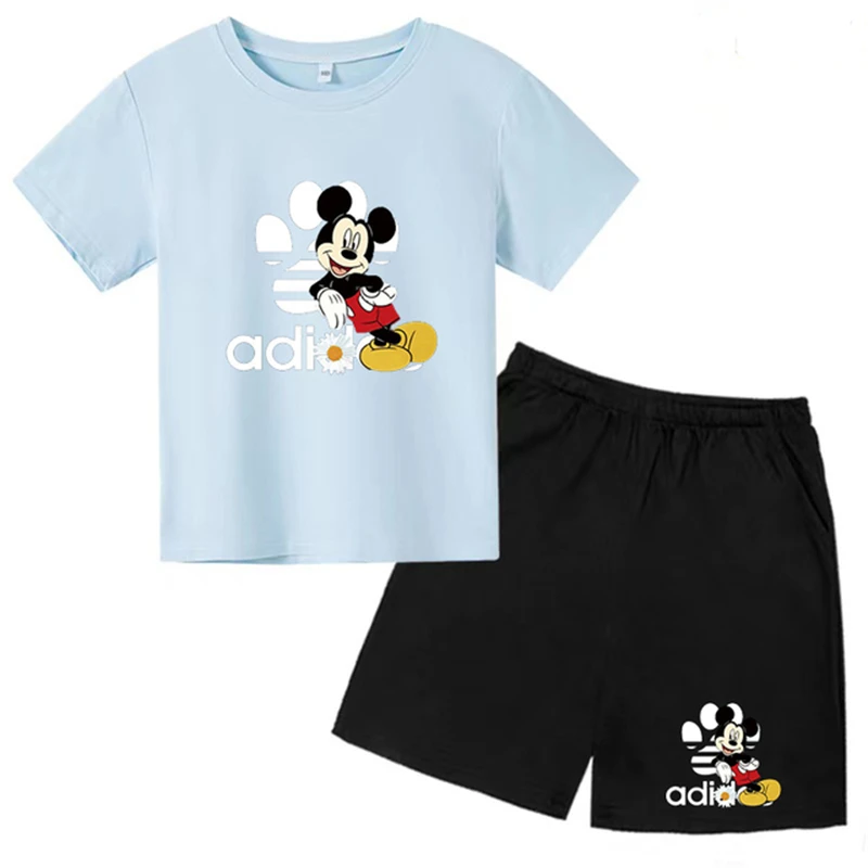 Mickey cartoon Children's Short Sleeve Set Boys Girl Round Neck T-shirt +shorts Leisure  Breathable  fashion Summer Clothing