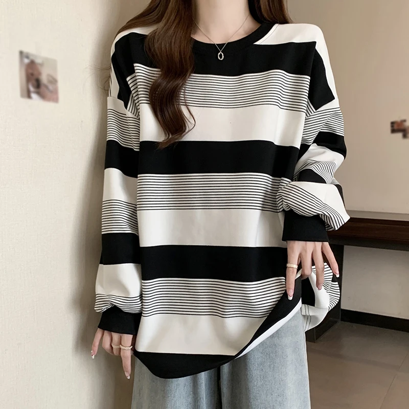 Womens Sweatshirts Stripped Long Sleeve Crew Neck Pullover Sweatshirt Casual trendy Ladies Blouses Tops