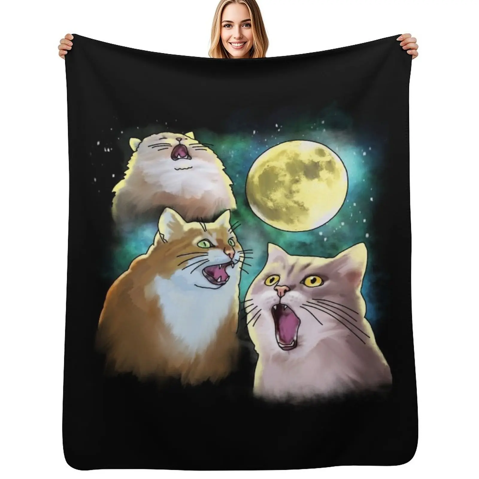 Three Cat Moon 3 Wolf Moon Funny Parody Throw Blanket Cozy Sofa Blanket for TV Watching Napping