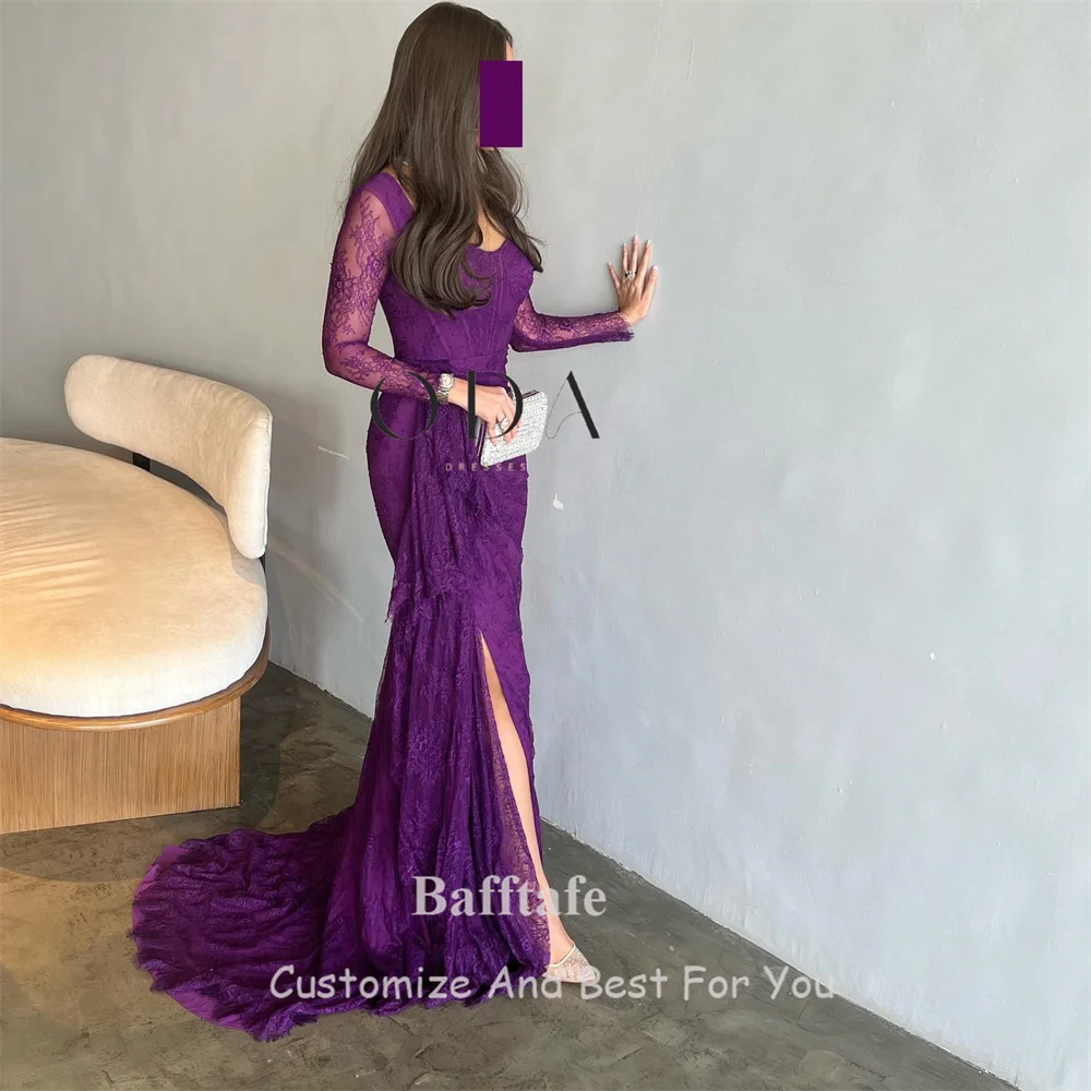 Mermaid Purple Lace Women Prom Dresses Customized Arabic Long Sleeves Slit Formal Evening Gowns Special Occasion Party Dress