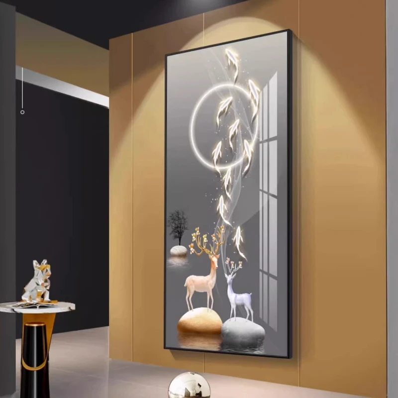 Entryway Decorative Painting Nine Fish Chart for Attracting Wealth Fortune Deer Vertical Mural Room Decoration Wall Painting