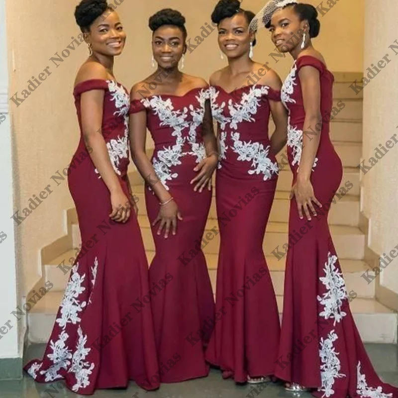 

Long Burgundy Bridesmaid Dresses Long Off Shoulder Applique Wedding Party Dresses Robe demoiselle d'honneur