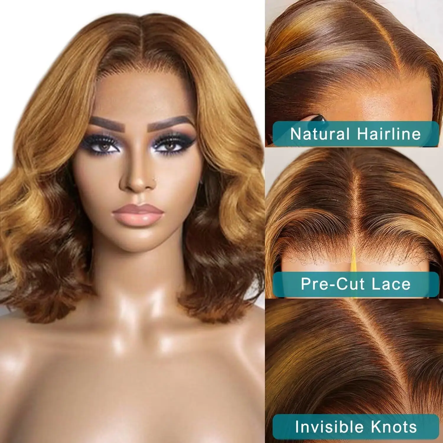 Front Lace Wig Piano Color Big Wave Bob Shoulder Length Free Part Short Hair for Women